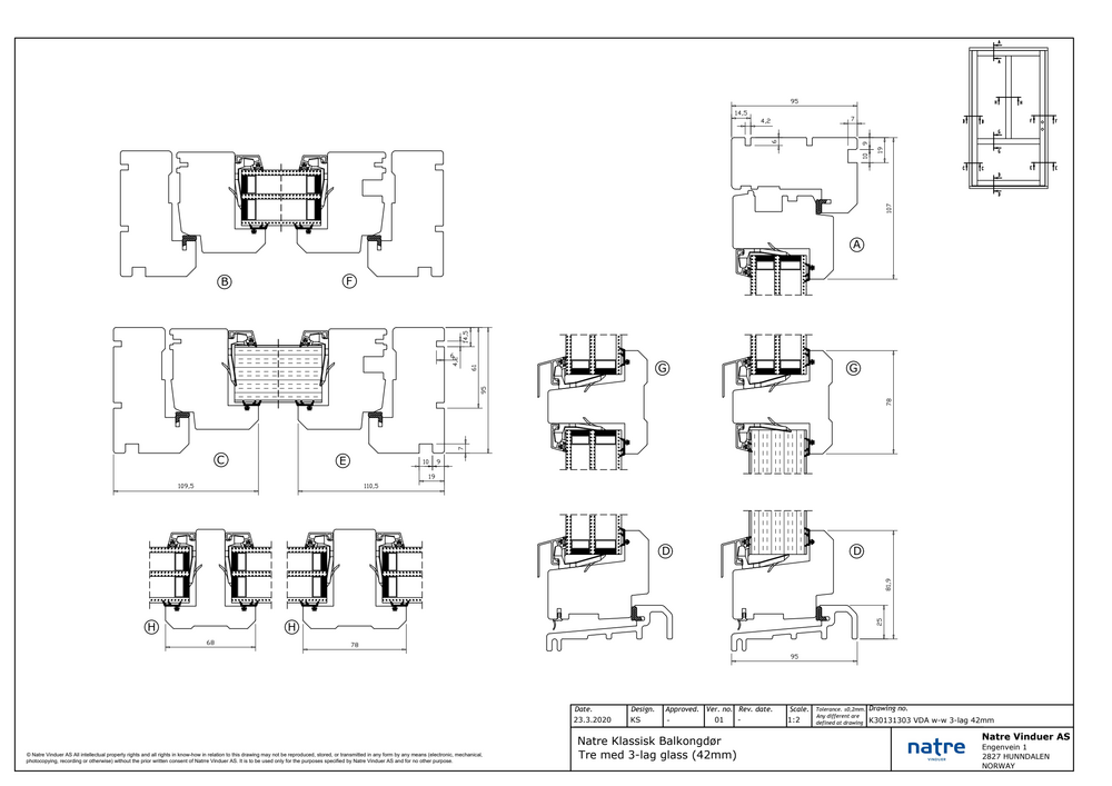 Balkongdør 1-fløys Natre Klassisk 3-lag tre/tre 42mm